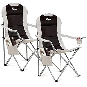 SUNMER Padded Camping Chairs – Set of 2 Deluxe Folding Chairs with Cup Holder and Side Pockets, Holds up to 120kg – Lightweight 3.3kg per Chair – Black & Grey