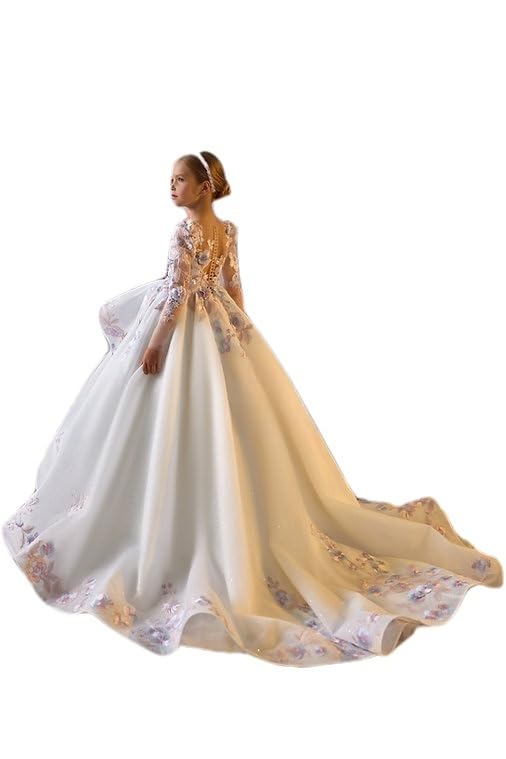 Girls Flower Embroidery Flower Girl Dresses Long Sleeves Wedding Dress Puffy Tulle Pageant Gown WT02