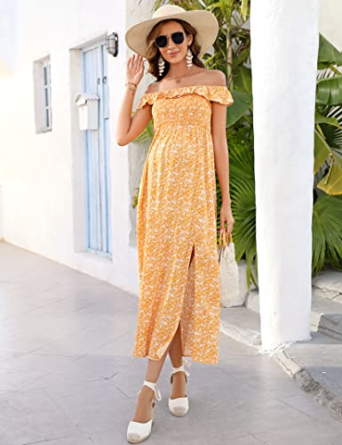 Funjuly Women's Off Shoulder Maternity Dress High Waist Split A-Line Maxi Dresss Maternity Dress For Photoshoot Yellownew S #TOP4
