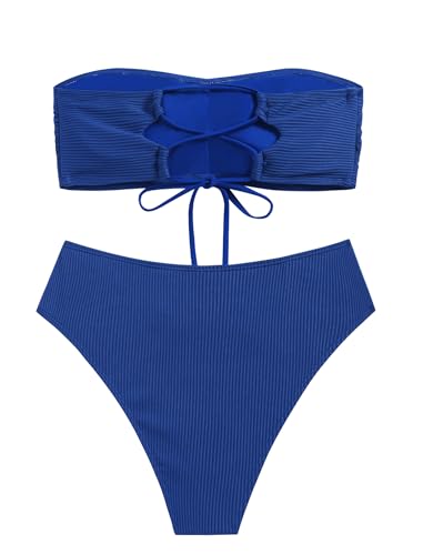 ZAFUL Women's Strapless Twist Bandeau Bikini 2 Piece Swimwear Cheeky Solid Lace up Bathing Suits3