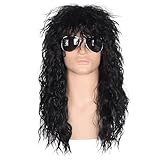 Creamily Peluca larga, rizada y ondulada negra para hombre, sintética, natural, para fiestas, Halloween, cosplay, estilo mullet, estilo rockero de los 70 y 80