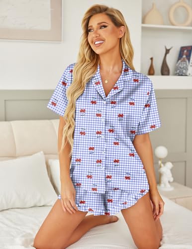 Image of HOTOUCH Womens Satin Pajamas Set Button Down 2 Piece Silk Pjs Shorts Set Ruffle Lingerie Notch Collar Sleepwear