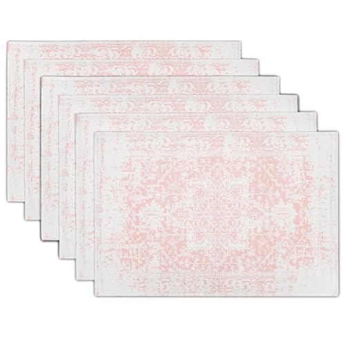 Image of Gray Pink Boho Placemats Set of 6 Ethnic Bohemian Carpet Place Mats Washable Kitchen Dining Vintage Grey Geography Floral Linen Table Mats Stain Heat-Resistant for Home Party Indoor 12x18 in