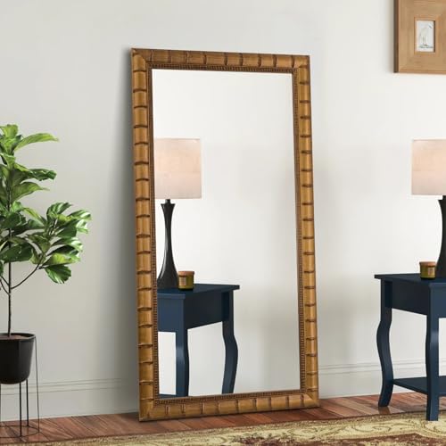 Image of Large Vintage Decorative Mirror for Wall, 53'' x 29'' Antiuqe Warm Gold Living Room Mirrors with Bamboo-Joint Frame, Classic Vintage Gold Wooden Mirror, Horizontal /Vertical