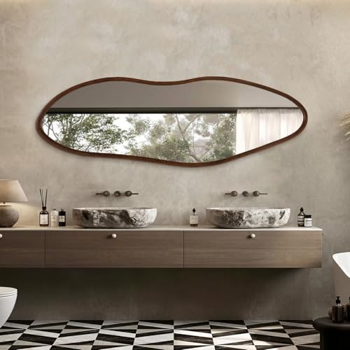 Irregular Full Length Mirror, 65"x22" Wooden Farmhouse Full Body Mirror, Large Asymmetrical Wall Mirror, Decorative Wall Mounted Mirrors for Living Room Entryway, Horizontal/Vertical, Walnut - Image 4