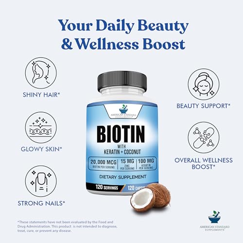 American Standard Supplements Biotin 20,000mcg with Keratin, Coconut Powder and Zinc, Biotin Supplement for Women and Men,120 Veggie Capsules, 120 Day Supply - Image 6