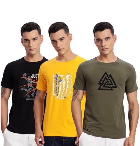 Image of ADRO 100% Cotton Lycra Tshirts for Men Combo Pack of 3 | Regular Fit | Printed T Shirt | Round Neck Half Sleeve| Mens Tshirts