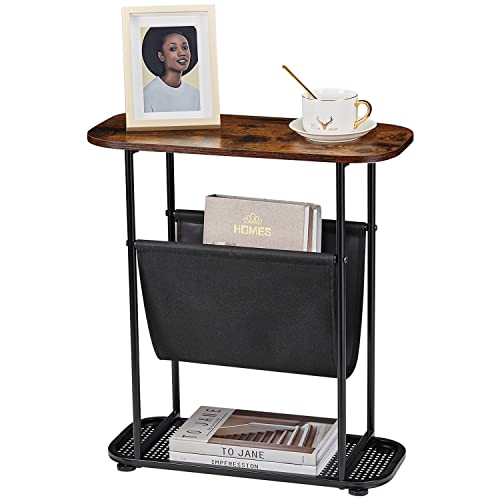 Neekor Table d'appoint étroite vintage avec porte-revues en tissu, table d'appoint industrielle, table de chevet moderne, table de canapé pour économiser de l'espace dans le salon, assemblage facile Cover