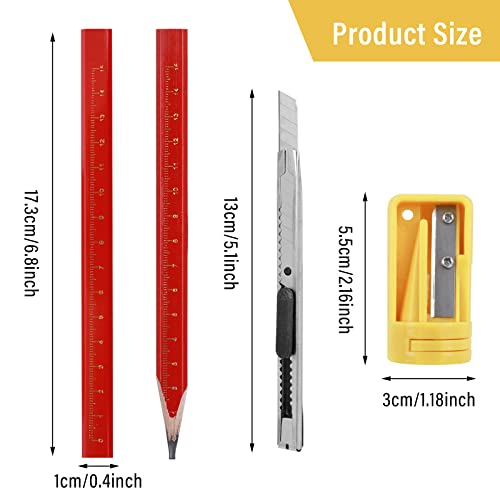 Prasacco 12 Stück Zimmermannsbleistift, Baubleistifte Rot Holzbearbeitung Markierungswerkzeug Baubleistift Bleistift baustelle mit Bleistiftanspitzer für Markieren und Anzeichnenauf der Baustelle
