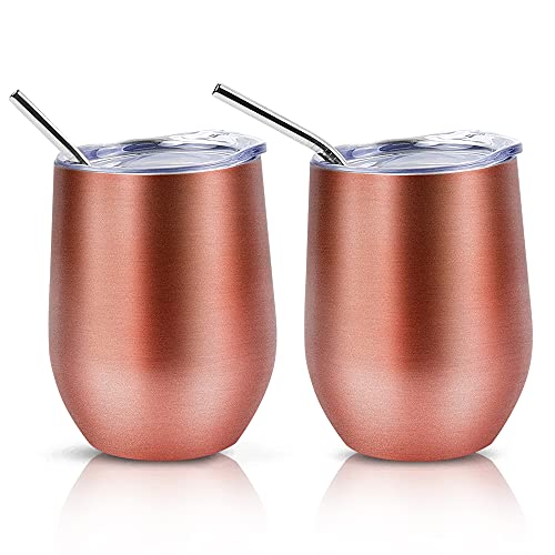 QUTHZZHY 2 Stück Weinbecher Edelstahl, 12 OZ Thermotasse mit Deckel, Weinbecher To Go, Doppelwandigen Isolierte Vakuumisoliert Weinglas, für Kaffee Champagner Heißgetränke, Frauen Geschenke