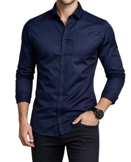 Image of Men's Slim Fit Long Sleeve Button-Down Shirt, Casual Formal Style with Chest Pocket