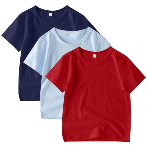 Image of 3 Pack Kids T-Shirt Cotton Tee Shirts for Boys and Girls Toddler Tops | Soft cotton tee for unisex, crew neck, mix with shorts and jeans, basic for everyday wear,suitable for 2-14years