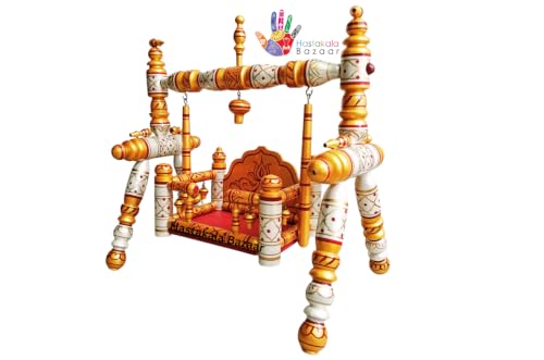 Image of Stronge Wooden Foldable Laddu Gopal Jhula | Krishna Jhula | Krishna Palana Hindola | Wooden God Jhula Big Size | Royal & Antique for Pooja Home (Pearl White Yellow -Cherry Golden)