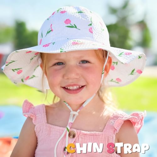 Image of HONGTEYA Baby Sun Hat Toddler Girl Beach Hat Sun Protection Adjustable Outdoor Summer Wide Brim Bucket Hat for Infant Kids