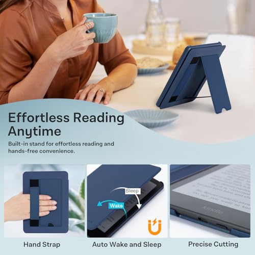 Image of CoBak Lightweight Stand Case for 7 inch 12th Gen 2024 and Colorsoft with Right Hand Strap - Compatible with iPhone MagSafe, for Samsung /Belkin /Anker Wireless Charging Pads, Dark Blue