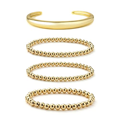 Starain 4 Pieces Gold Beaded Ball Bracelets For Women Girls Dainty Twisted Chunky Cuff Bangle Stackable Elastic Gold Bead Ball Bracelet Set #TOP16
