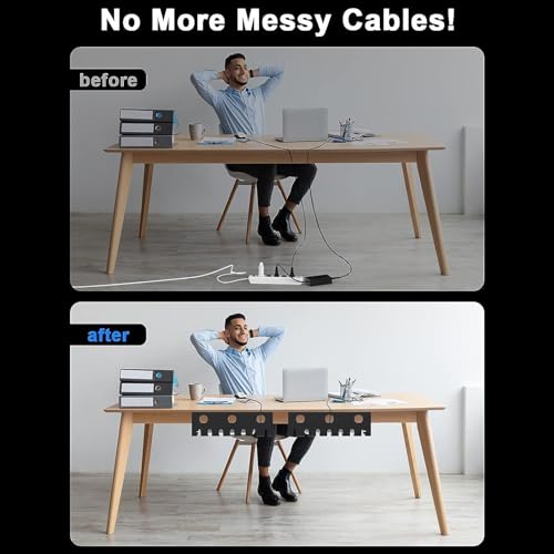 Organizador de cables bajo escritorio para oficina y hogar con clips de montaje y adhesivo de pared (Negro, 16 x 4 x 3 pulgadas, Agujero circular para cables finos) miniatura 4