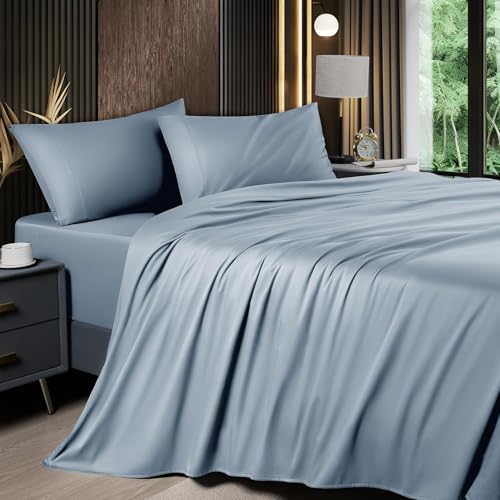 Image of Shilucheng 4 Piece Full Sheet Sets, Cooling Sheets, Blend Rayon Derived from Bamboo, Deep Pocket Up to 16 inch, Breathable & Soft Bed Sheets, Hotel Silky Bedding Set, French Blue