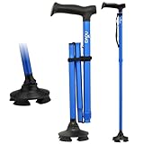NOVA Foldable Quad Cane for Men & Women - Adjustable, Pivoting Tip, Self-Standing Walking Stick with Carrying Pouch & 4 Replacement Tips - Collapsible Cane for Seniors, Adults, Lightweight, Blue