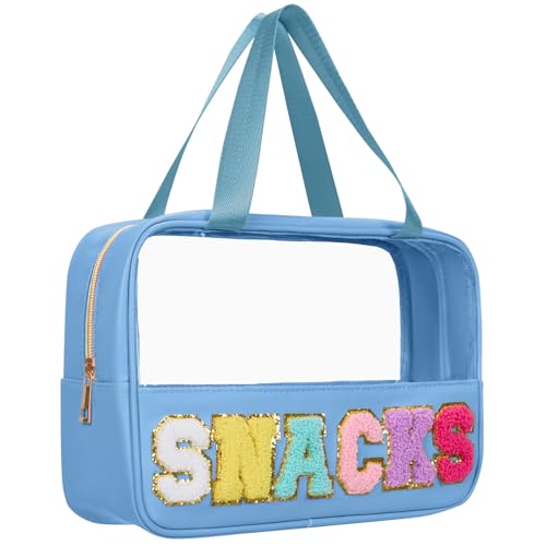 Snack Bags Chenille Letter Patch Clear Bag Snacks Bag for Travel, Preppy Cosmetic Bag Snacks Pouch with Zipper, Toiletry Bag for Traveling women, Clear Travel Bags for Toiletries (Blue-Snack)