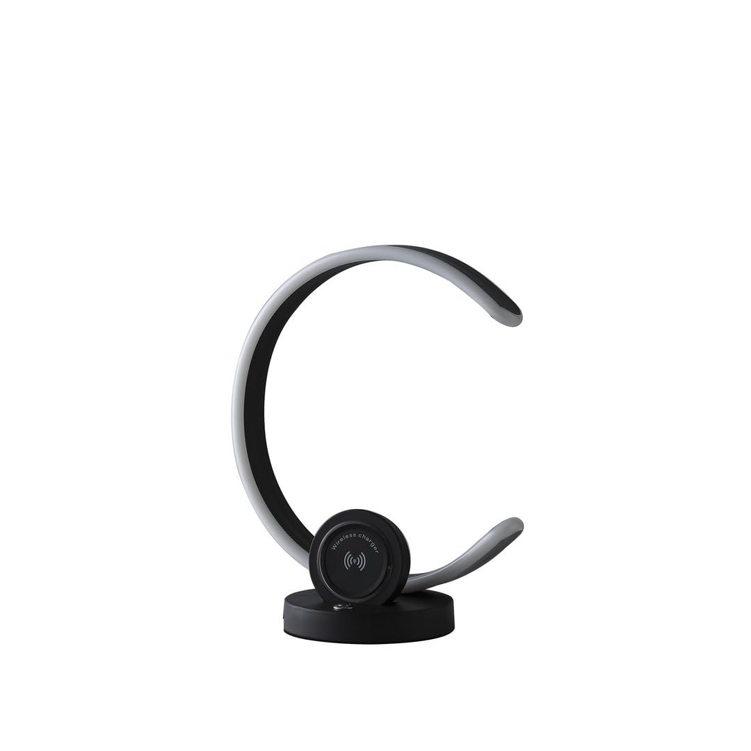 LLMTYO Lámpara de Mesa LED Moderna en Forma de C de 13,25 Pulgadas con Puerto de Cargador inalámbrico/USB y atenuador táctil, Color Negro