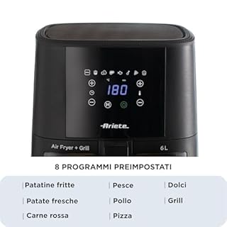 Ariete 4626 Friggitrice ad aria 6L, 1300 W, Capacità 6L, Capacità di cottura 2,5kg, 8 programmi preimpostati, Temperatura fino a 200°, Cestello trasparente, BPA Free, Nero