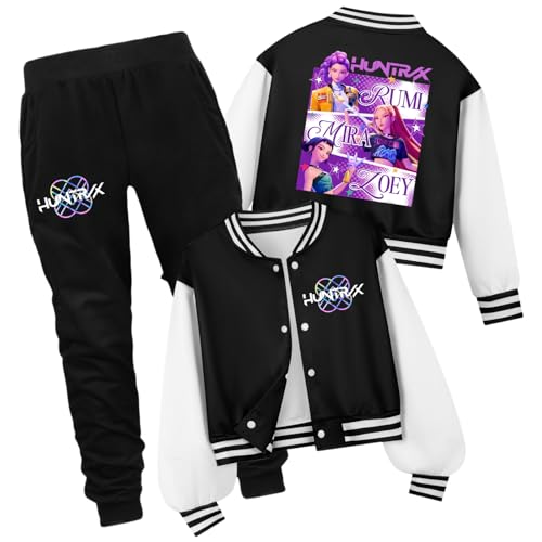 K Pop Girls Kpop Tracksuit Cute Cartoon Print Baseball Coats Fashion Long Sleeve Jackets and Pants Christmas Costume Set（1-Black,14Years