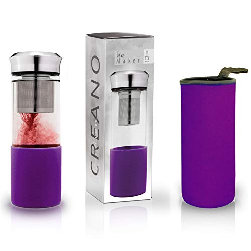 Creano Teebereiter Teamaker - Teeflasche to go aus Glas mit Sieb für losen Tee inkl. Neoprentasche | 400ml (Lila) Creano Teebereiter Teamaker - Teeflasche to go aus Glas mit Sieb für losen Tee inkl. Neoprentasche | 400ml (Lila)