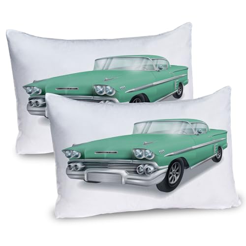 Ambesonne Cars Pillow Sham Set of 2, Veteran Classical Green Car Historic Vintage Vehicle in Cartoon Style, Quality Microfiber Bedding Item for All Seasons, 26