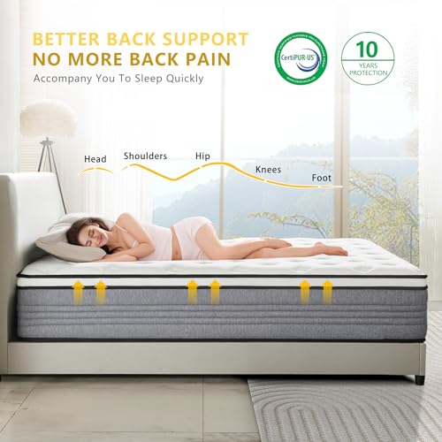 Queen Mattress, 14 Inch Queen Size Mattresses, 14 Inch Hybrid Pocketed Coil Mattress in a Box, CertiPUR-US Certified
