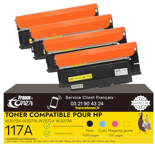 FranceToner - 117A - Toner Laser Compatible pour HP 117a - Pack de 4 : W2070A W2071A W2072A W2073A - pour Imprimantes Color Laser MFP 178nw, Color Laser 150nw, MFP 179fnw (117A Pack de 4)
