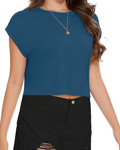 Image of Womens Crop Tops Summer Roll Cap Sleeve Cropped Tshirt Loose Fit Basic Tees