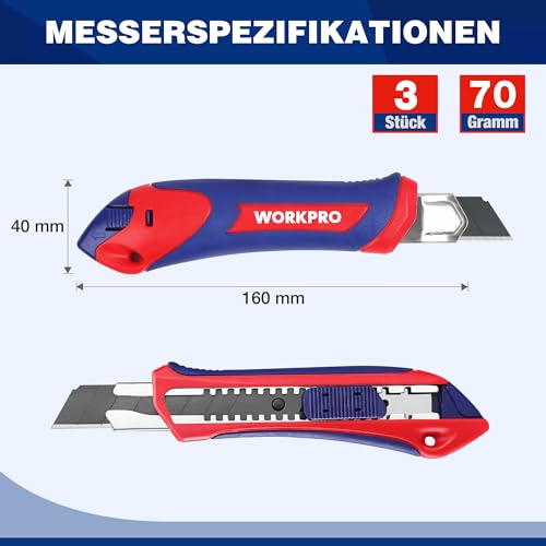 WORKPRO 3 Stück Cuttermesser Set 18mm mit 10 Ersatzklingen aus SK5 – Ansicht 3