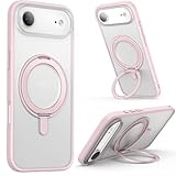 SURPHY iPhone Air 用スタンドケース 半透明,6.5インチ(2025) 360°回転可能なスタンド MagSafe対応 横縦両立 角度調整 隠し収納式 マグネット搭載 スマホケース iPhone Air用半透明マットケース（ピンク）