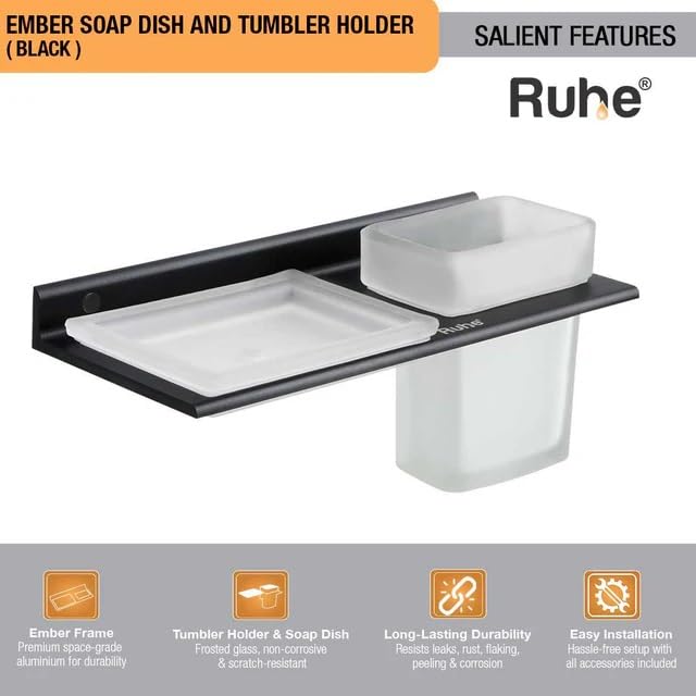 Image of Ruhe Ember 2 in 1 Soap Dish & Tumbler Holder | Soap Case | Tooth Brush Holder | Bathroom Accessories | Wall Mounted | Soap Stand | Black