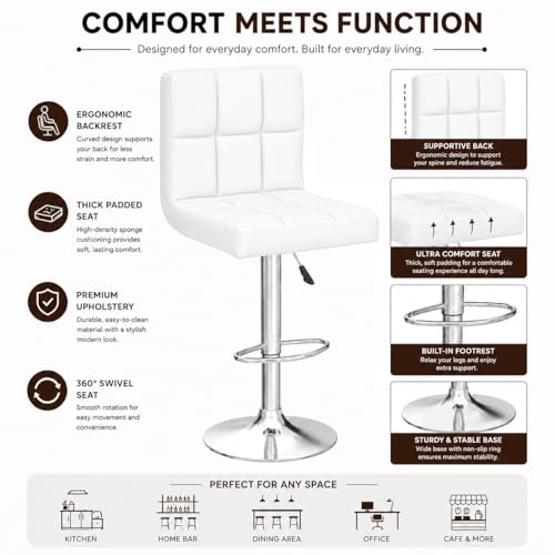 Image of Kemon KaiMeng Modern Adjustable Swivel Bar Stool Chair with Backrest, PU Leather Hydraulic Counter Stool with Footrest for Kitchen Island, Cafe & Home Bar, White, Square Tufted Back Stool