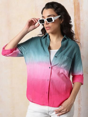 Image of HIGH Star Oversized Ombre-Dyed Cotton Shirt for Women | Stylish Tops for Women | Comfortable and Trendy Casual Shirt