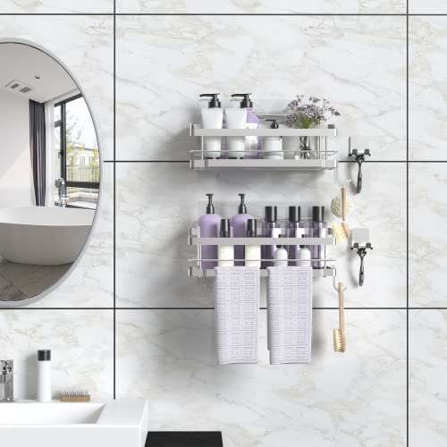 Sinminou Adhesive Shower Caddy With 5 Hooks & 2 Tower Hanger, Rustproof Sus304 Stainless Steel Shower Shelf Basket, Wall Mounted No Drilling Shower Organizer Shampoo Holder- 2 Pack (Silver) #TOP2