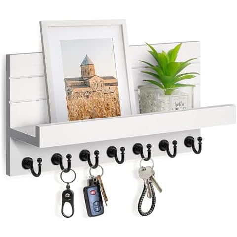 HONJIN Key Holder for Wall: Upgraded 7 Sturdy Key Hooks Easy Installation Mail Organizer Wall Mount Hanging Key Rack for Kitchen and Entryway Decor Cover