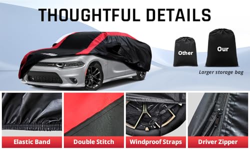 Image of Dodge Charger Car Cover Waterproof All Weather with Red Strip Design, Custom Fit for Dodge Charger 2006-2023, Charger Accessory with Door Zipper & Windproof Straps