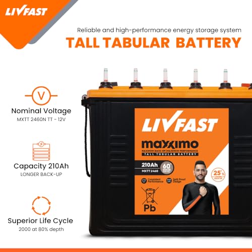 Image of Livfast Maxximo Tall Tubular High-Performance Battery MXTT 2460N | 210 Ah | 60 Months Warranty | High Capacity, Long Lasting Power Backup for Heavy Appliances