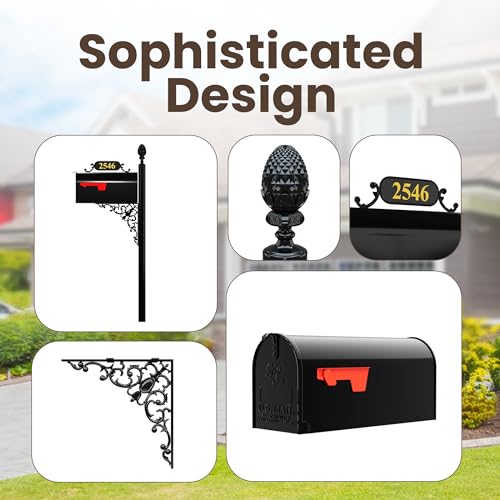 ADDRESSES OF DISTINCTION Oak Mailbox & Post Kit – Black Mailbox System – Includes Address Plaque, Bracket & Mounting Hardware – Rust Resistant Metal Mailbox with Decorative Finial