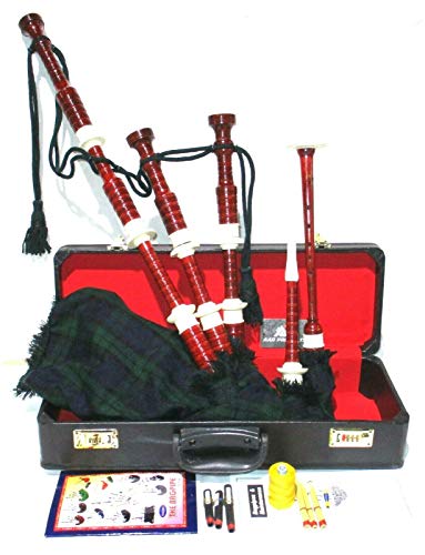 AAR Scottish Great Highland Bagpipes Red Sheesham Wood Finish with Ivory Plastic Mounts full size bag pipes with Tutor Book,and Hard Carry Case,Black Watch