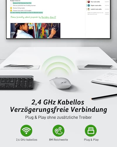 acer Ultradünne Maus Kabellose, Tragbare 2,4 GHz Funkmaus, Wireless Mouse mit 800/1200/1600 einstellbare DPI, 4 Tasten Kabellos Computermaus, Maus Kabellos Laptop, Dell XPS, ASUS, Surface-Silber