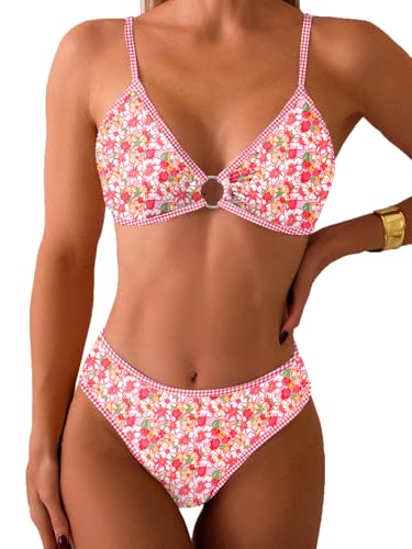 Image of Fanuerg Women's Triangle Bikini Sets O Ring Linked Two Piece Swimsuits Floral Printed Cheeky Bathing Suit