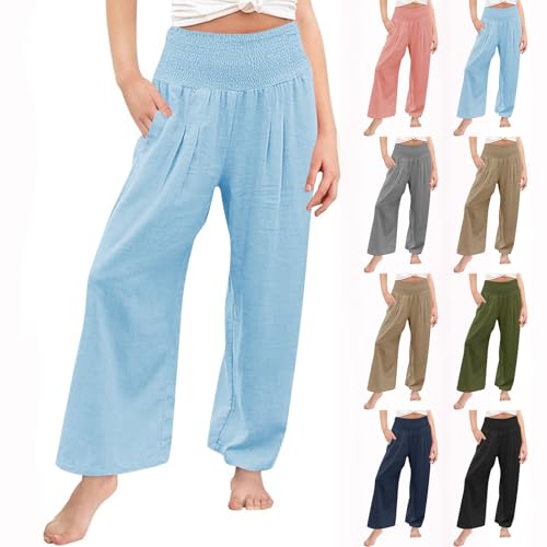 Wide Pants for Girls High Waisted Straight Legs Linen Trousers Pull On Elastic Waist Loose Cropped Pants with Pockets