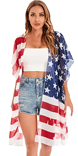 Image of DDSOL Women's American Flag Kimono Cover up Beachwear Cardigan Loose Tops Shirt Blouse