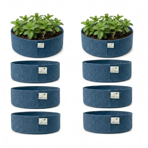 Image of 400 GSM Geo Fabric Round Grow Bags 15x6 Inch, Blue Planting Bags for Terrace and Kitchen Gardening Pack of 8