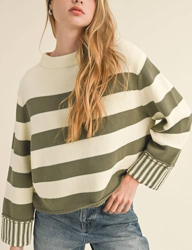 Esmeling Women's Casual Loose Striped Sweater Fall Long Sleeve Crew Neck Knitted Pullover Tops2