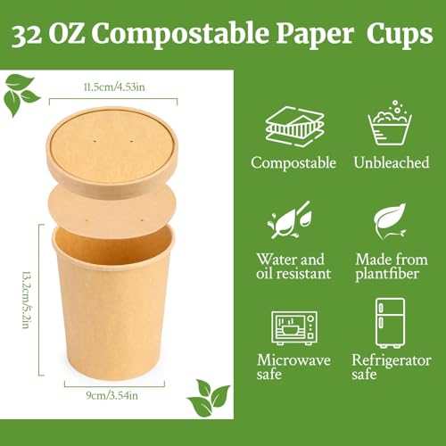 Image of 32 Oz 25 Pack Paper Soup Containers with Lids, Ice Cream Cups | Paper Soup Cups with Vented Lids for Refrigerator, On-the-Go, Ice Cream, Fruits with PLA Lined